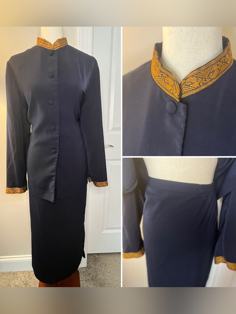 Navy Skirt Suit with Gold Embroidered Trim